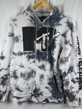 MTV Tie Dye Pullover Hoodie Gray White Logo Sweatshirt Men’s Medium
